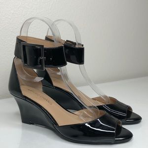 Arturo Chiang Black Patent Open Toe Wedge Heels